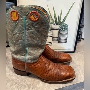 Cavenders Mens Shedron Ranch Rustic Cognac Ostrich Print Square Toe lSize 12D